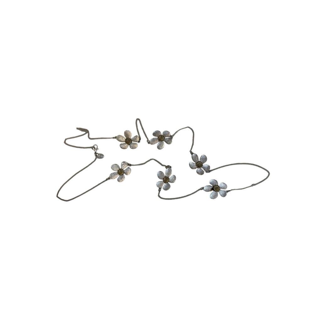 CHARMING CHARLIE Daisy Station Necklace 36" Silver Gold Tone Textured Floral